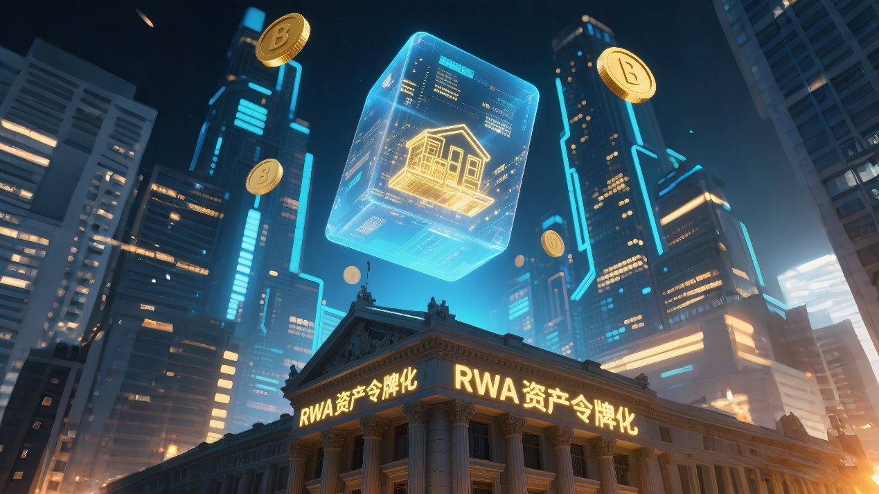 jimeng-2025-04-20-5816- Semi-transparent asset tokens float above the Future Financial City, internally flowing with gold and real estate contract data streams, classical bank buildings and...