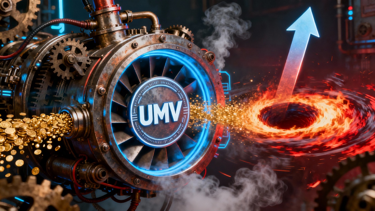 jimeng-2025-11-10-3415- A sophisticated, high-speed rotating mechanical flywheel or turbine engine. At the center of the flywheel is a UMV token symbol, whose rotation...