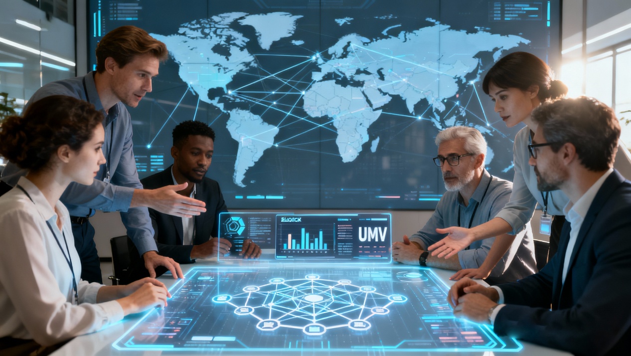 jimeng-2025-11-10-6147- A diverse team is discussing around a holographic projection table. The projection displays a blockchain architecture diagram and a UMV data dashboard, with a background wall...