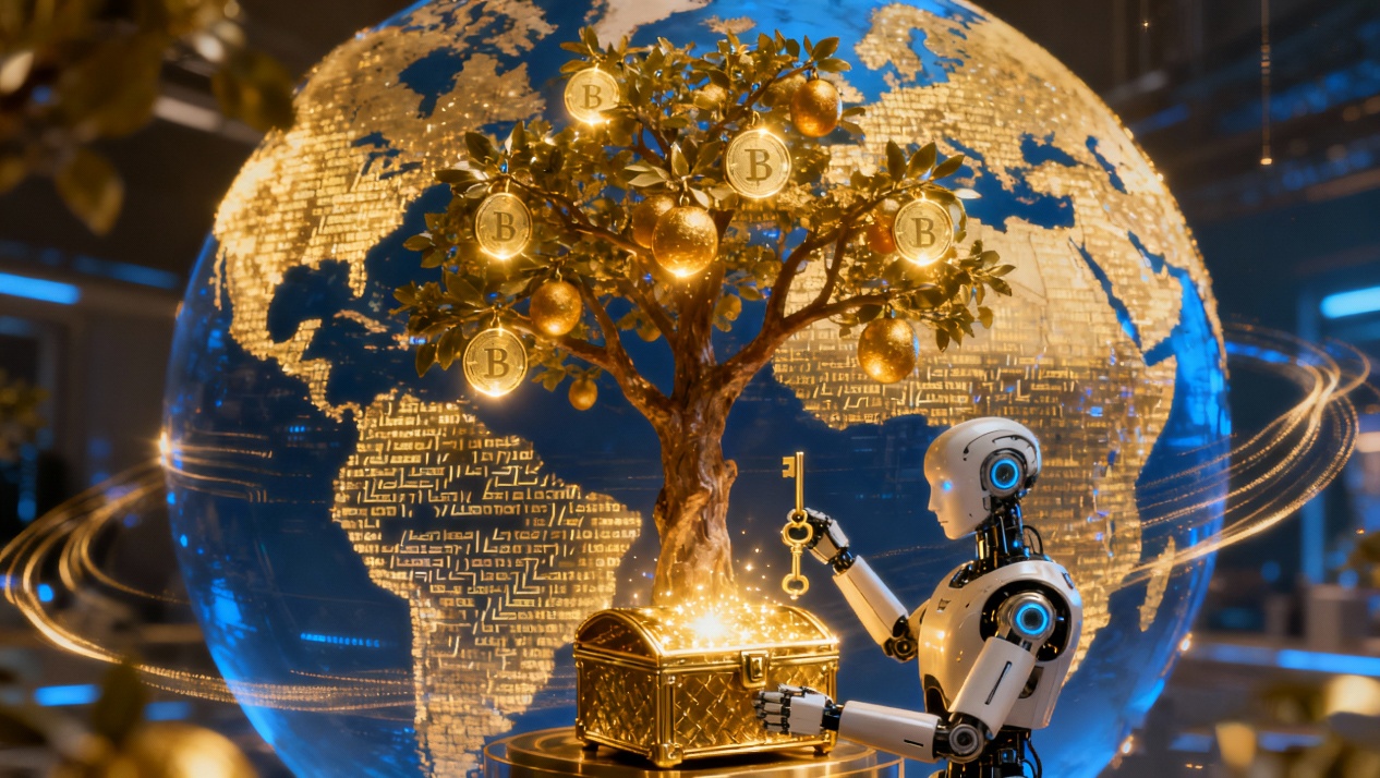 jimeng-2025-11-10-6261-Trees composed of code grow within the Earth's outline, their branches bearing token fruits. Beneath the trees, AI robots hold keys, working together...