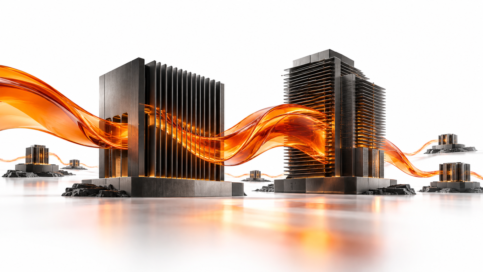 Concept illustration of distributed computing structures connected by orange energy pathways on a white background