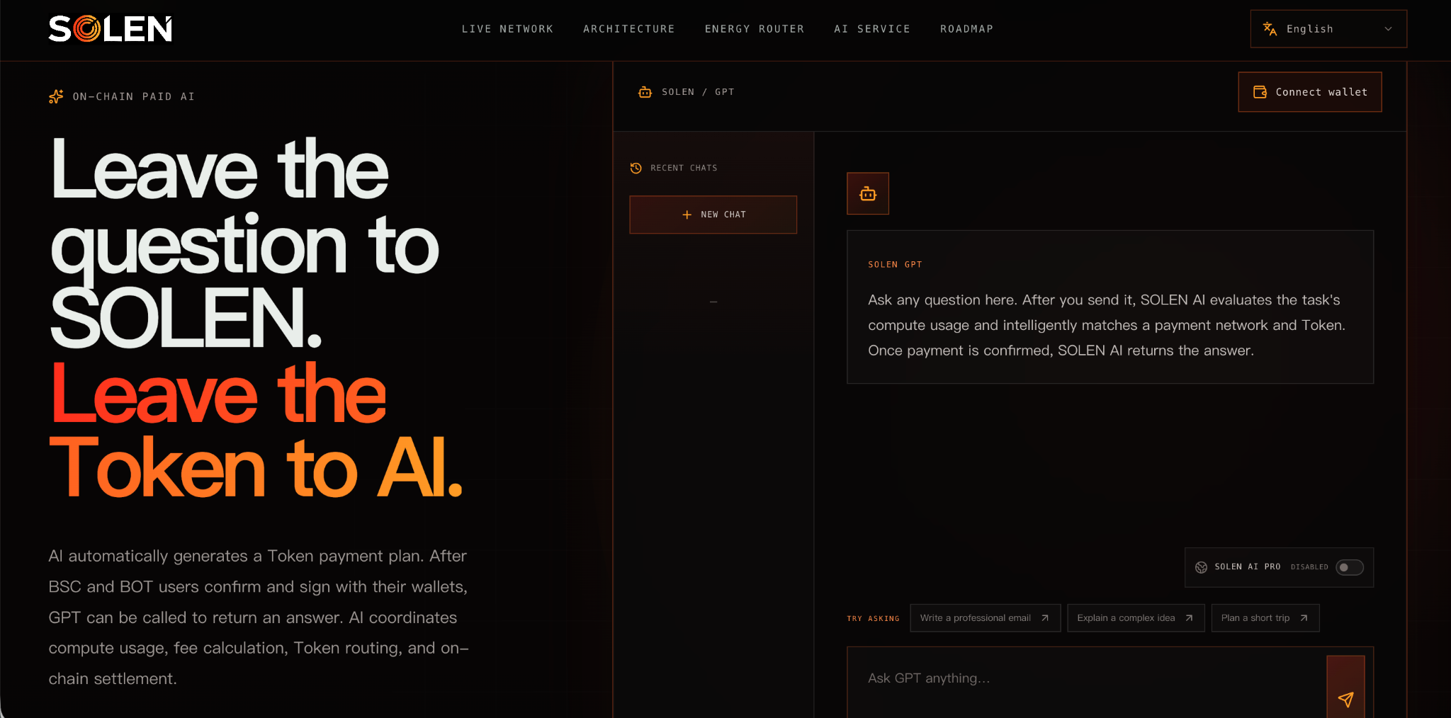 SOLEN AI product interface showing the question input, wallet connection, recent chats, sample prompts and PRO toggle